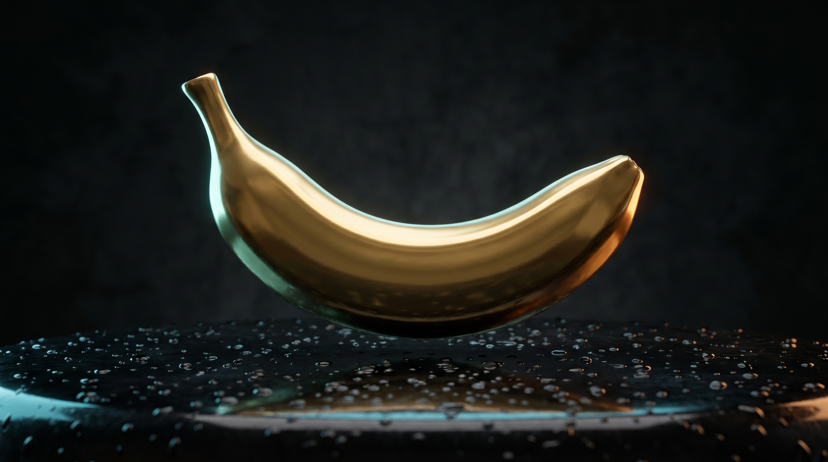 Luxury campaign still of a polished golden banana floating over wet black obsidian stone