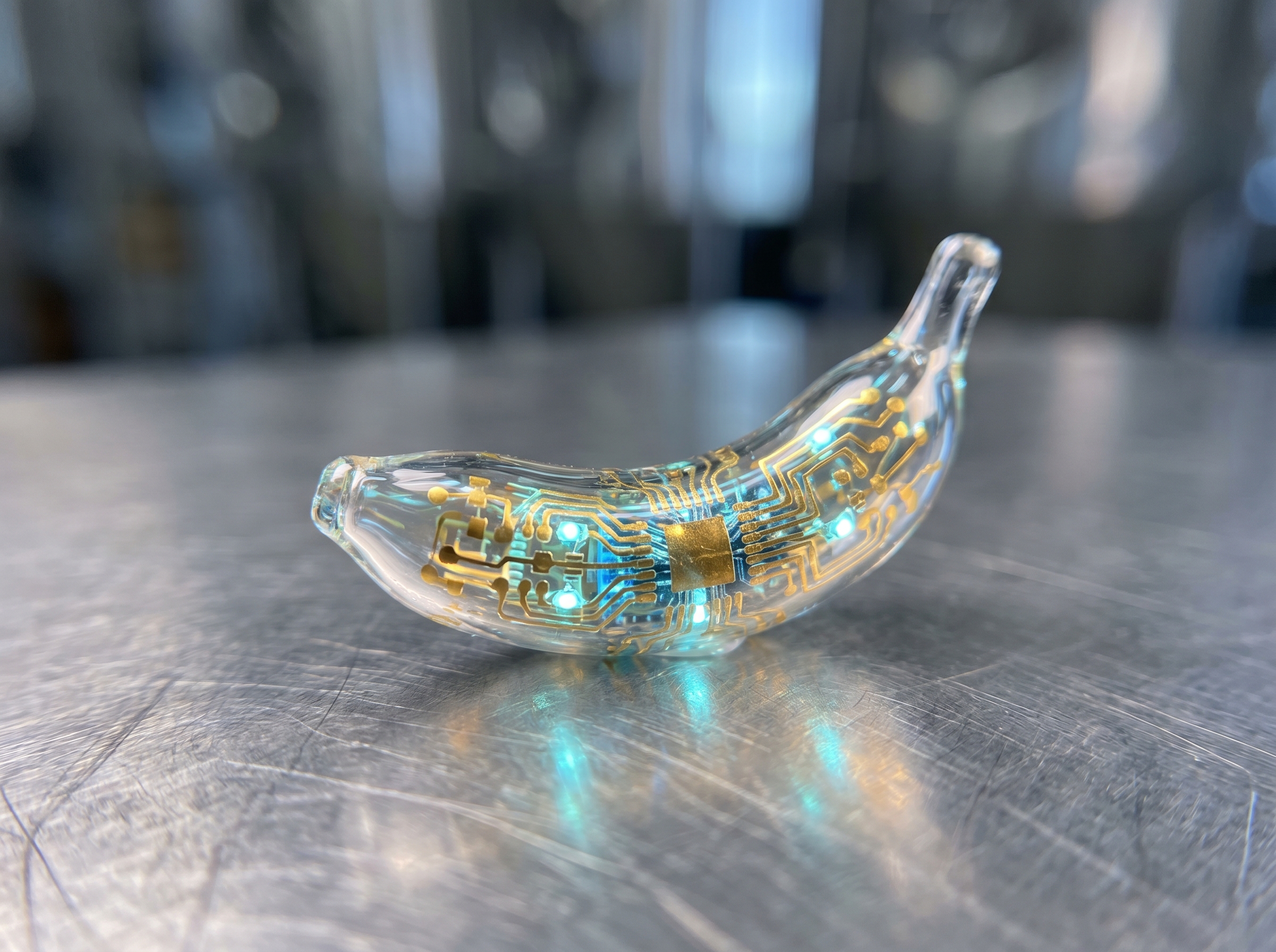 Macro image of a translucent nano banana made of glass and glowing micro-circuit details