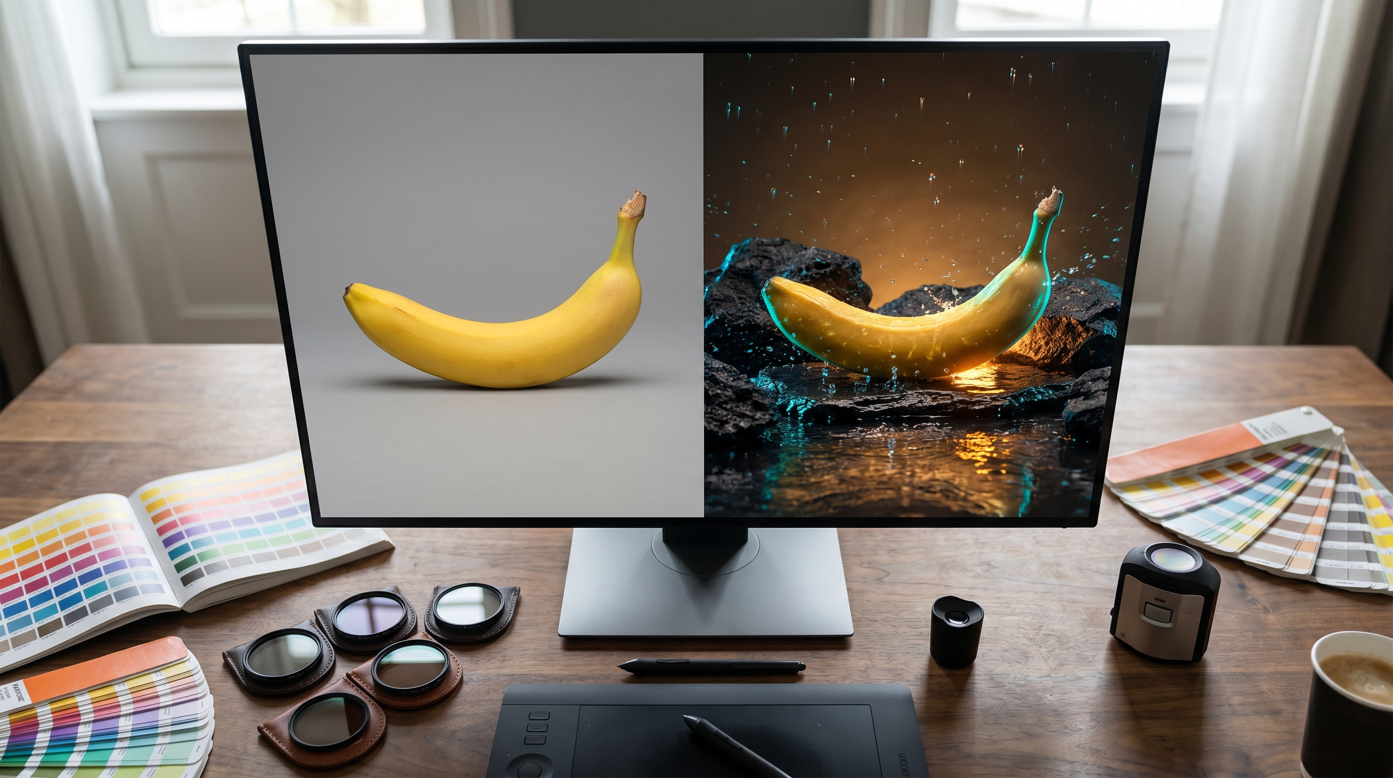 Before and after creative image edit showing a banana transformed into a luxury campaign still