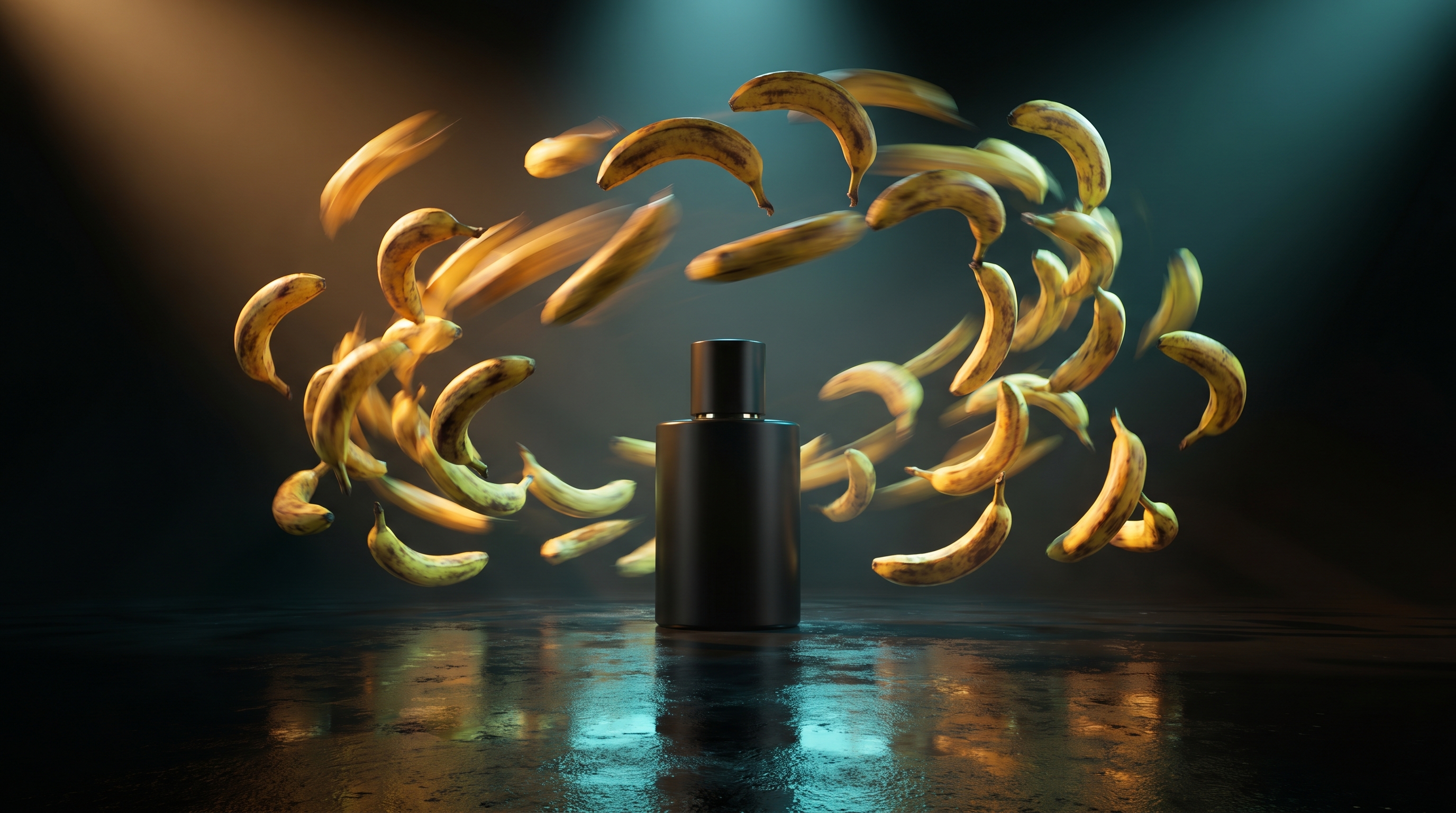 Surreal fashion ad scene with bananas orbiting around a matte black fragrance bottle