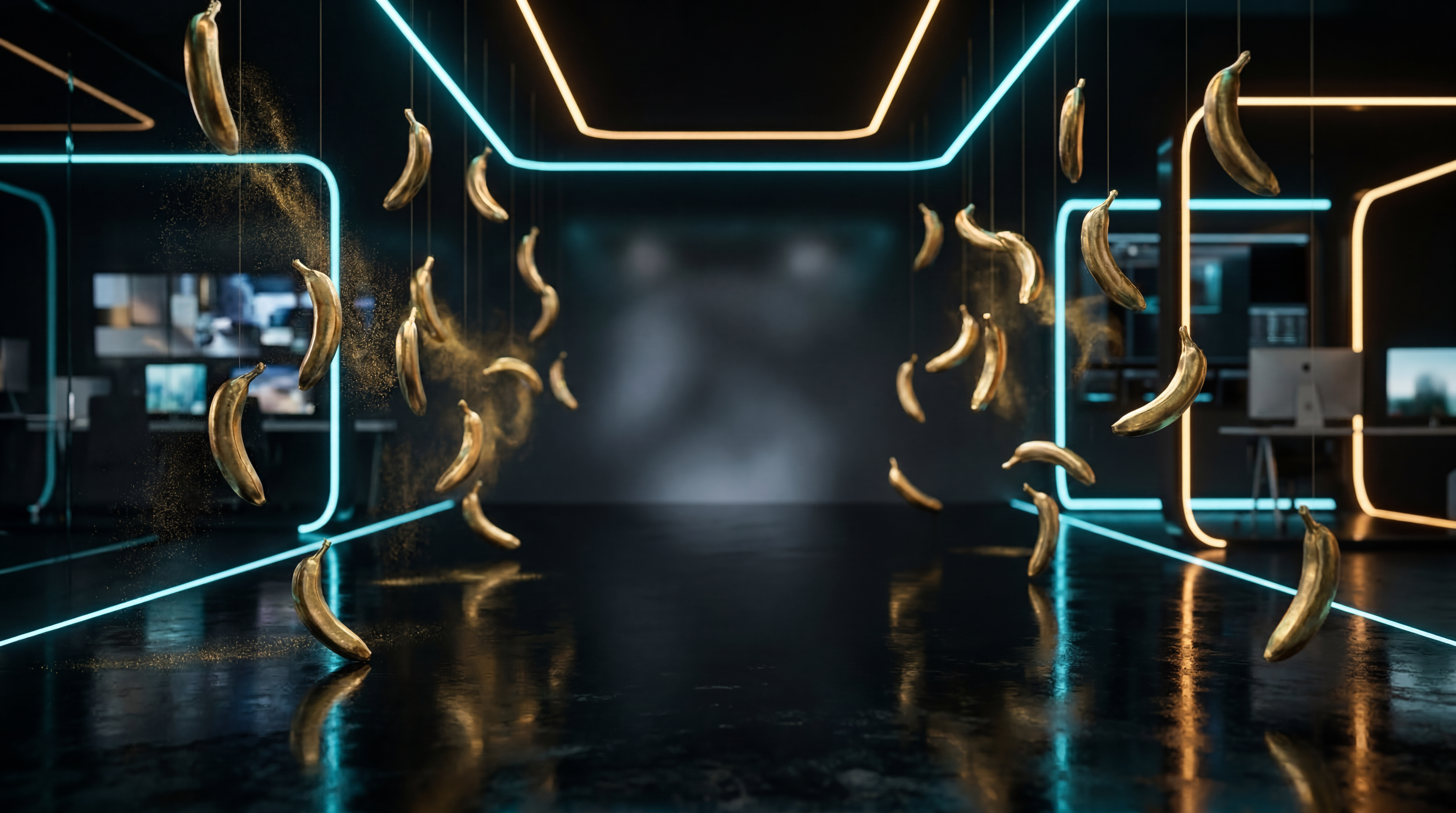 Surreal Nano Banana Pro hero image with golden bananas raining over a dark creative studio